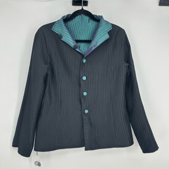 Vintage 80s Women’s Pleats Reversible Jacket Iridescent Green Black Asian Style - Picture 5 of 10